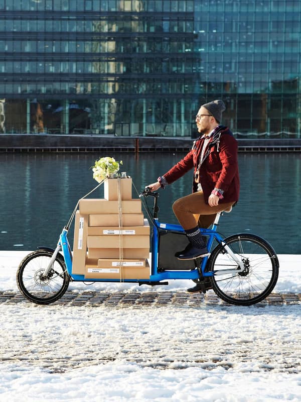 En person fragter en bunke flade pakker på en elcykel og cykler langs med vand og der er bygninger i baggrunden.