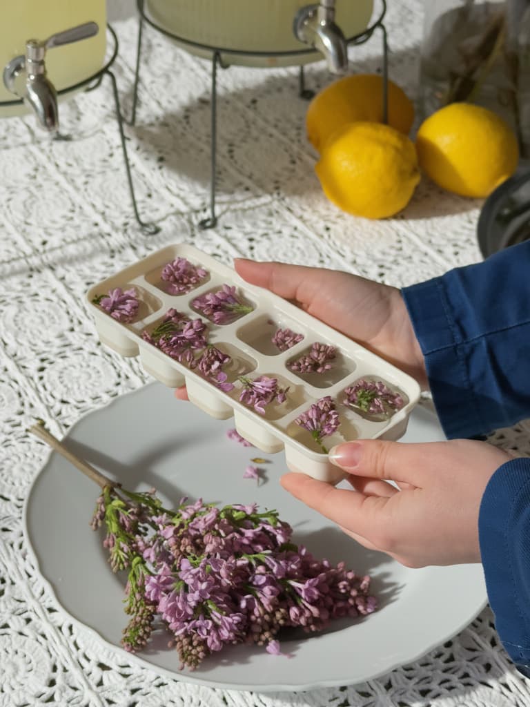 En person gör vackra isbitar med lila syrenblommor. I bakgrunden finns citroner och en dryckesdispenser, redo för en somrig lemonad.