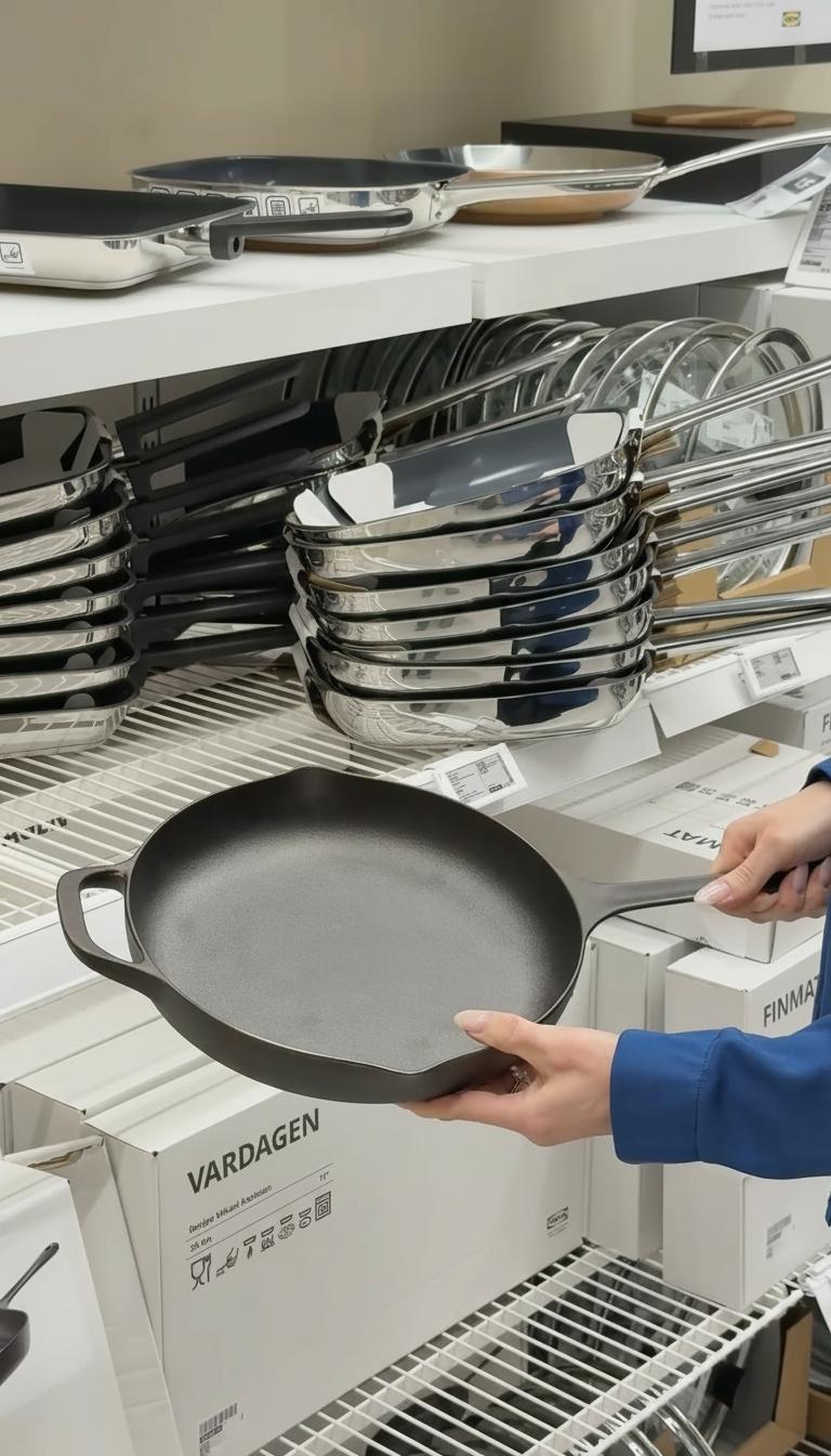 En person håller i en gjutjärnspanna i en köksavdelning. Hyllor med staplade stekpannor och köksprodukter syns i bakgrunden. All text och etiketter är borttagna.
