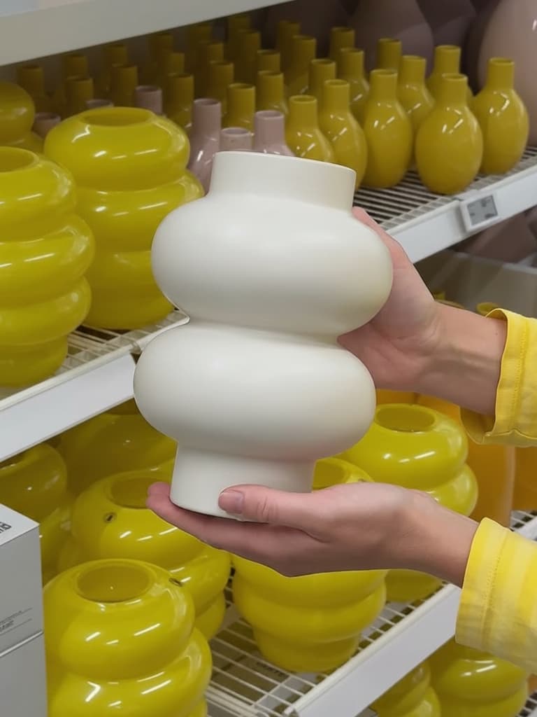 En person som håller i en modern, skulptural vit vas i en butik, med hyllor av gula vaser i bakgrunden.