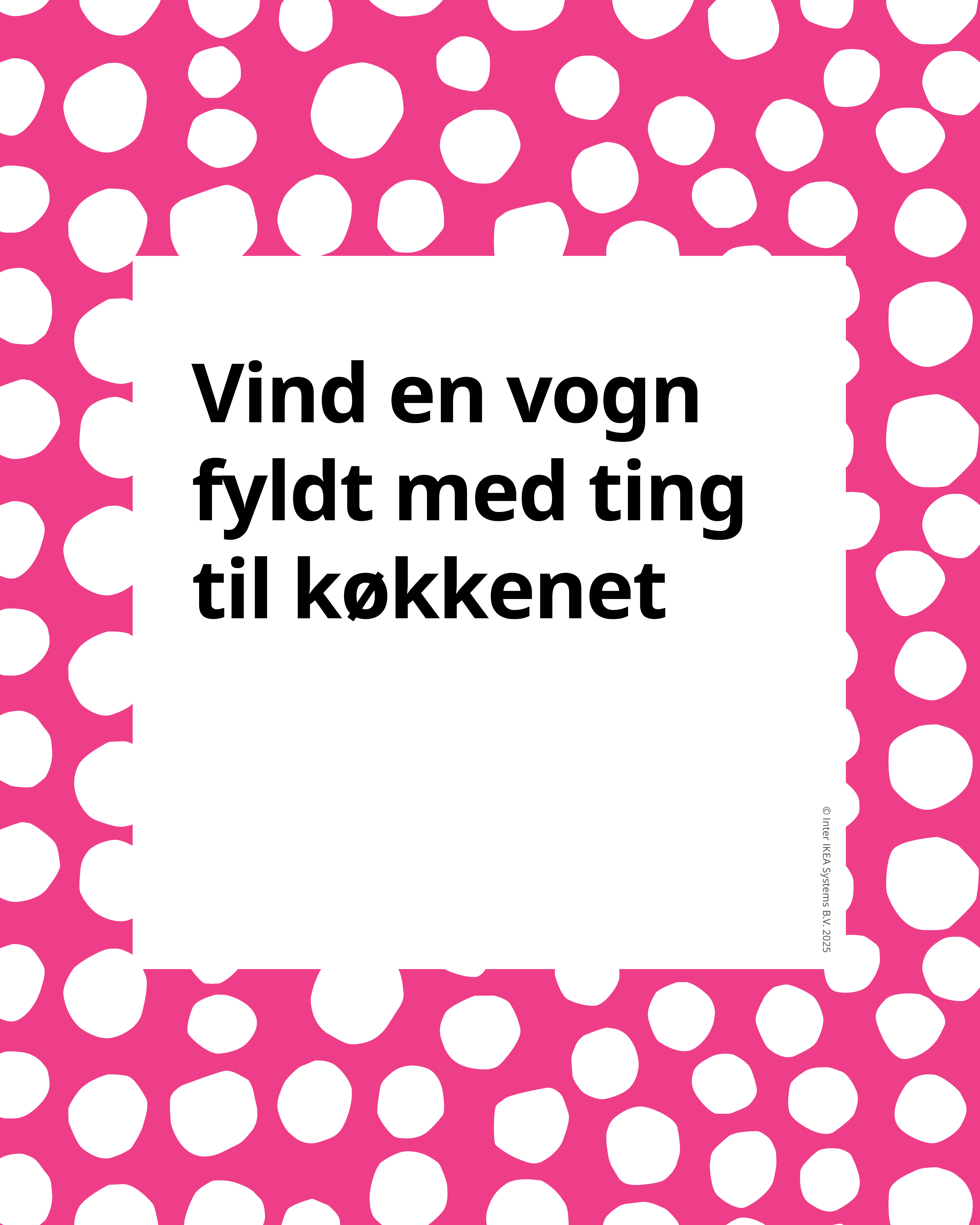 En pink ramme med hvide prikker og teksten: Vind en vogn fyldt med ting til køkkenet 