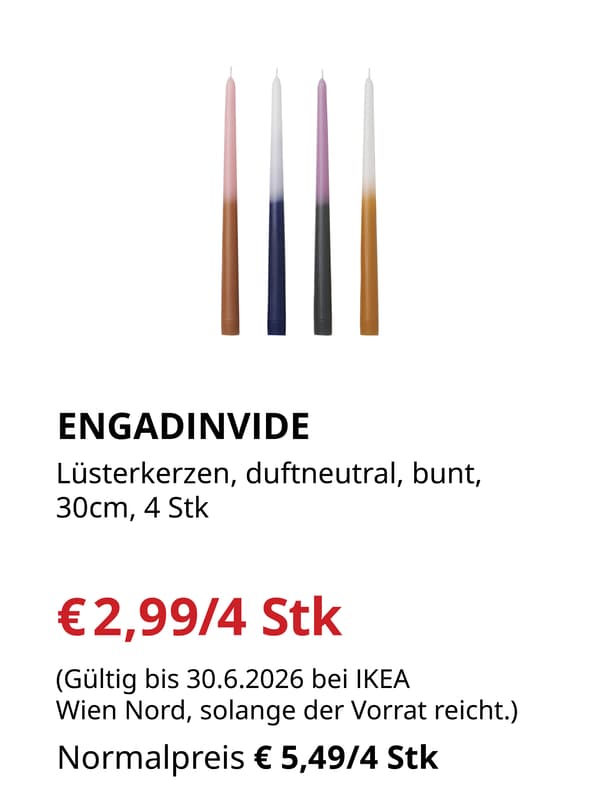 ENGADINVIDE
Lüsterkerze, duftneutral bunt, 30 cm, 4 Stk. 

€2,99/4 Stk statt €5,49/4 Stk.