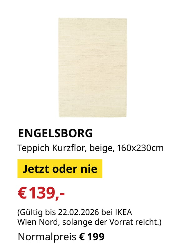 ENGELSBORG
Teppich Kurzflor, beige 160x230 cm
€ 139,- statt € 199,-