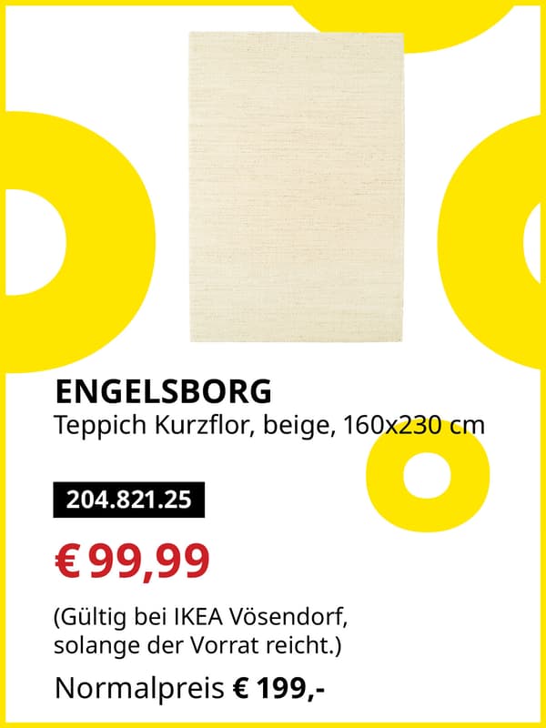 ENGELSBORG Teppich Kurzflor, beige, 160x230cm statt € 199,- zum IKEA Frühlingsangebots-Preis von € 99,99