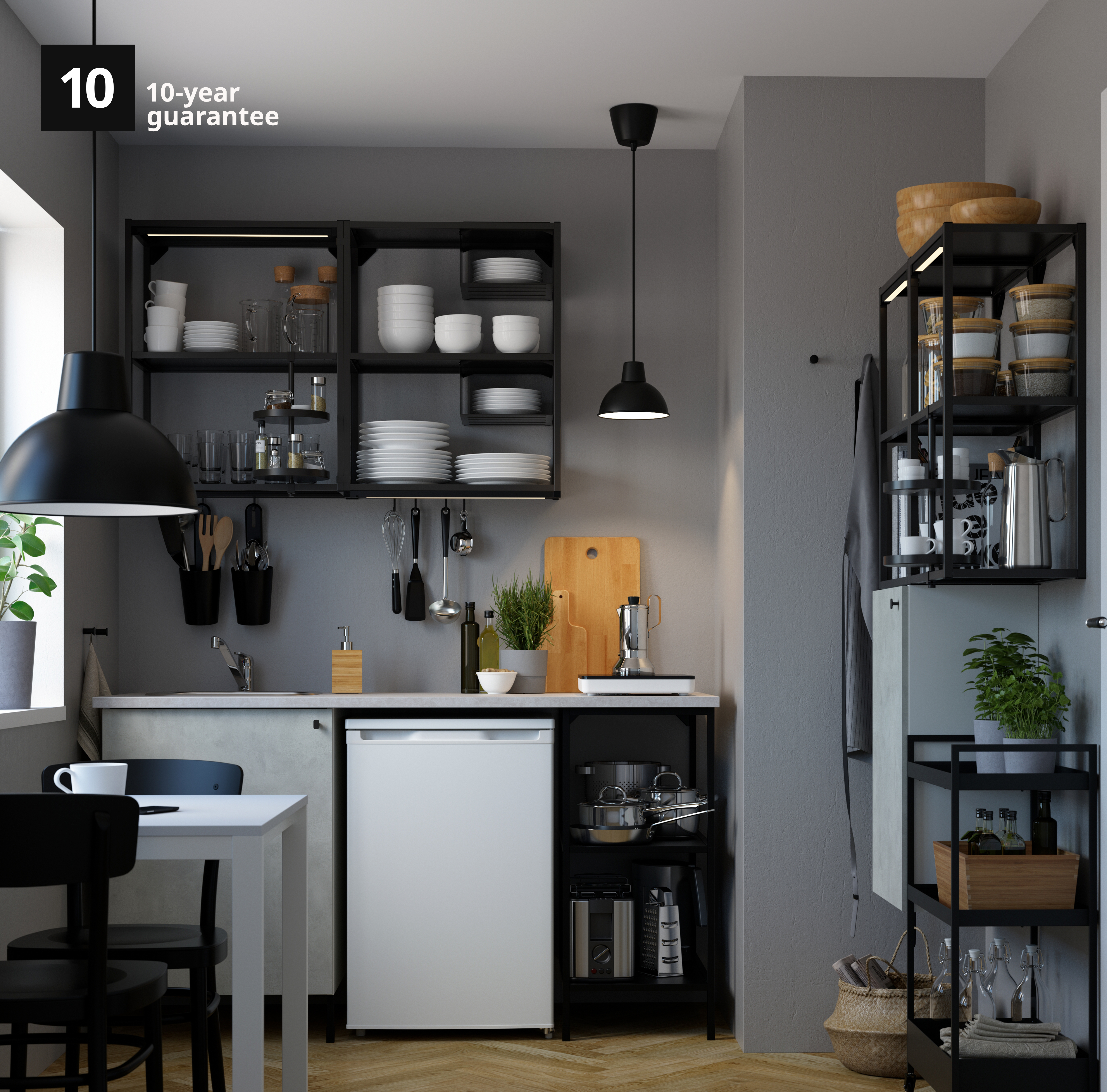 ENHET kitchen with 10-year guarantee text
