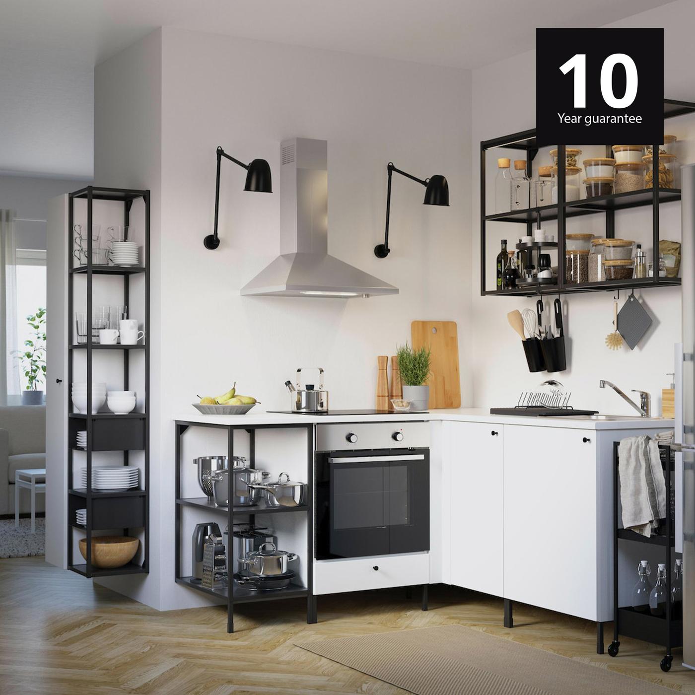 ENHET white bottom cabinet and black ENHET top hung open shelves - 10 years guarantee logo.