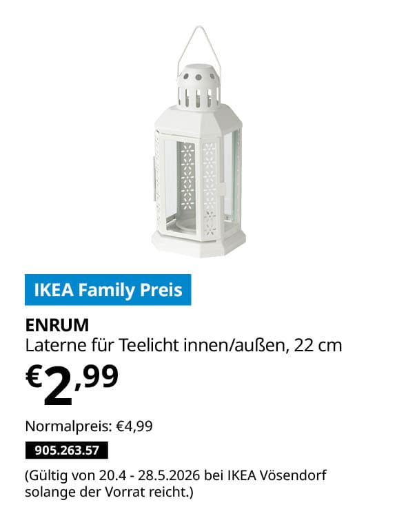 ENRUM Laterne für Teelicht innen/außen, weiß, 22 cm statt € 4,99 zum IKEA Family Preis von € 2,99