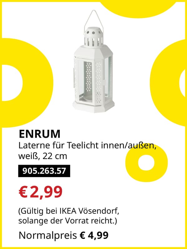 ENRUM Laterne für Teelicht innen/außen, weiß, 22 cm statt € 4,99 zum IKEA Frühlingsangebots-Preis von € 2,99