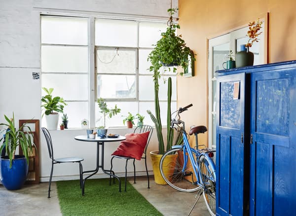 Entrée avec mur orange, armoire bleue, plantes d’intérieur et petite table.