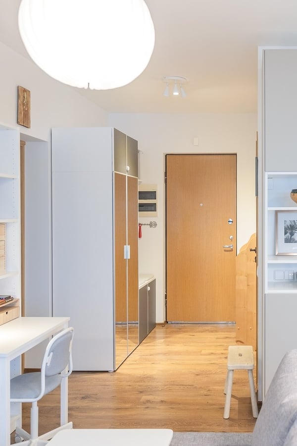 Entryway with wooden door, wardrobe, and hallway storage.