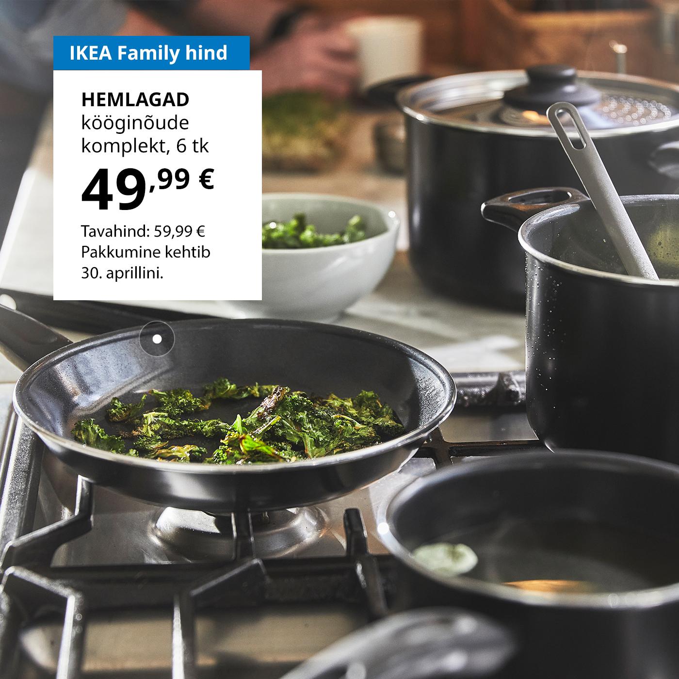 Eripakkumine IKEA Family klubiliikmetele: HEMLAGAD 6-osaline kööginõude komplekt, mis maksab 49,99 € (tavahind 59,99 €).