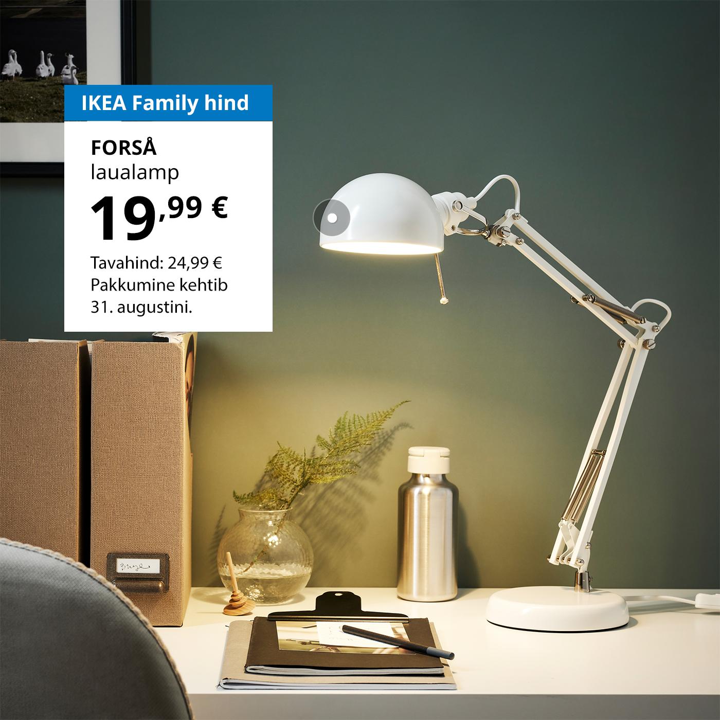 Eripakkumine IKEA Family klubiliikmetele: klassikalises stiilis ja terasest FORSÅ laualamp, mis maksab 19,99 € (tavahind 24,99 €).