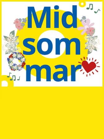Es ist ein helles Bild mit der Farbe weiß und Gelb. In der Mitte Steht in blau Midsommar. Rund herum um die Schrift sind Blumen in einem Kreis.