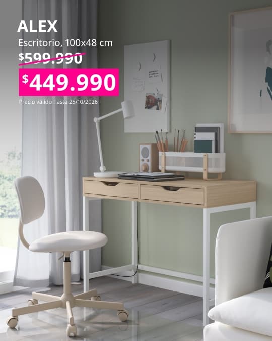 Escritorio ALEX con acabado blanco efecto roble, de 100x48 cm, ideal para trabajar o estudiar en casa.