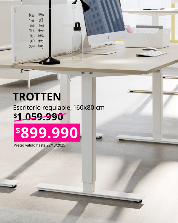 Escritorio de altura regulable beige con patas blancas TROTTEN con precio oferta en cuadrado fucsia.