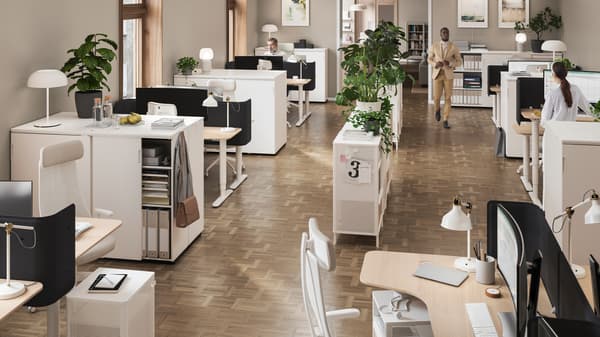 Escritório em open space com uma estante central decorada com plantas, e postos de trabalho com iluminação nas laterais.