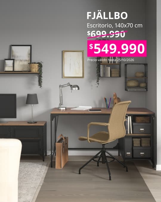 Escritorio FJÄLLBO negro de 140x70 cm con diseño funcional para espacios de trabajo y estudio.
