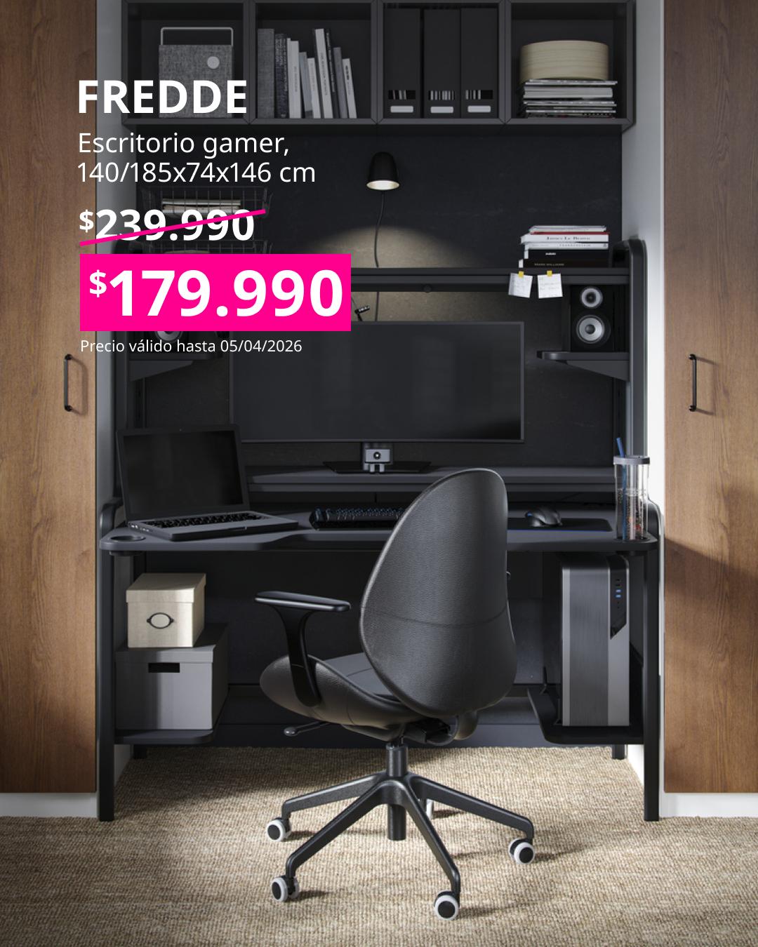 Escritorio gamer FREDDE en color negro, tamaño 140 y extendido 185 por 74 por 146 centímetros.