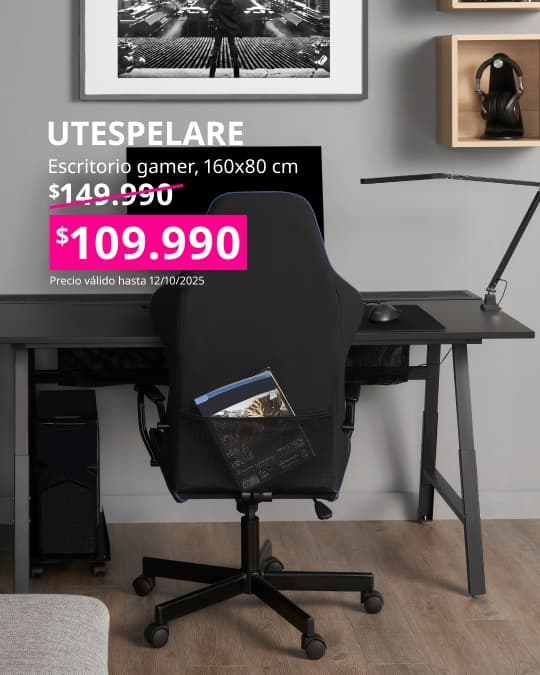 Escritorio gamer negro UTESPELARE con precio en cuadrado fucsia