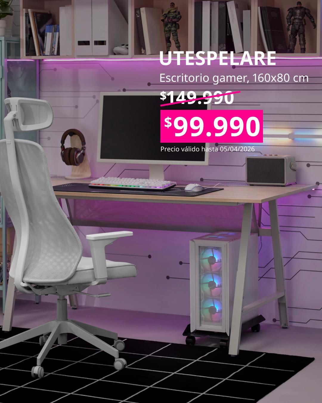 Escritorio gamer UTESPELARE con iluminación LED y setup completo: monitor, teclado, gabinete con ventiladores RGB y silla gaming blanca. Texto muestra precio rebajado a $99.990 y precio anterior tachado.