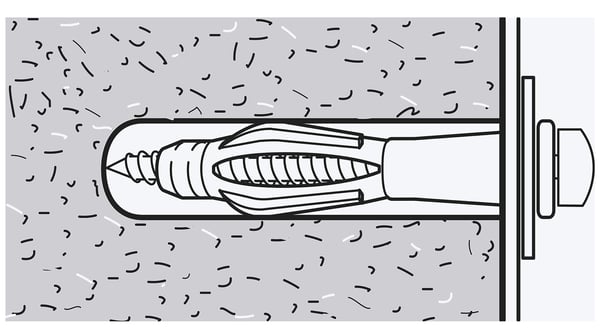 Эскиз шурупа, вкрученного в стену, сделанную из чего-то твёрдого, например, кирпича. Шуруп находится внутри дюбеля.