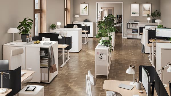 Espace de bureau avec rangement ouvert et fermé, étagères comme paravents, bureaux, sièges, plantes et affiches suspendues.