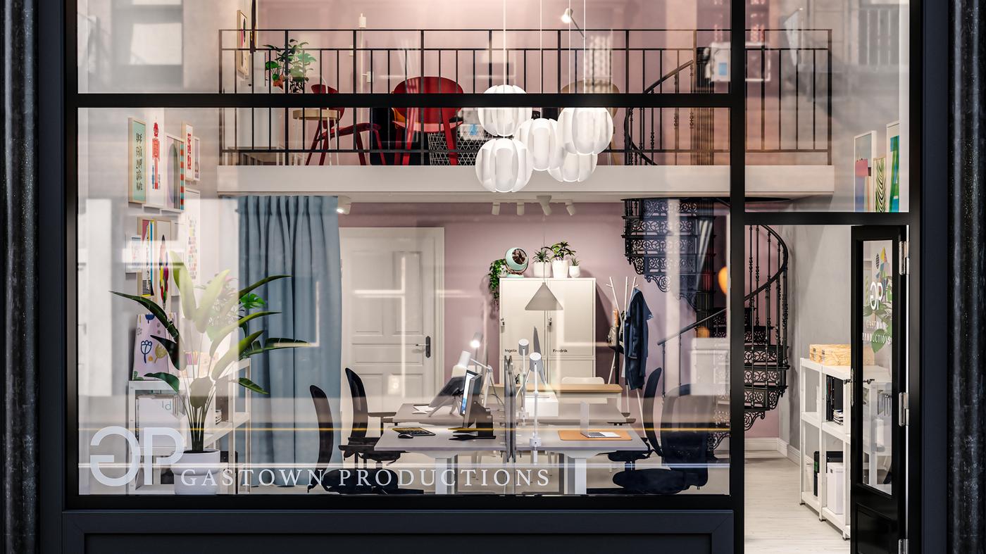 Espace de travail avec loft, bureaux assis/debout, chaises de bureau noires, escalier, rideaux bleus et murs roses.