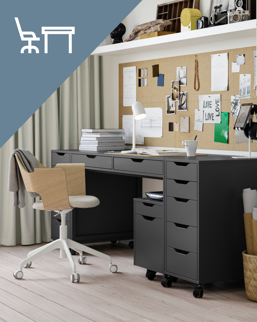 Espacio de trabajo organizado con escritorio y silla y cajoneras. 