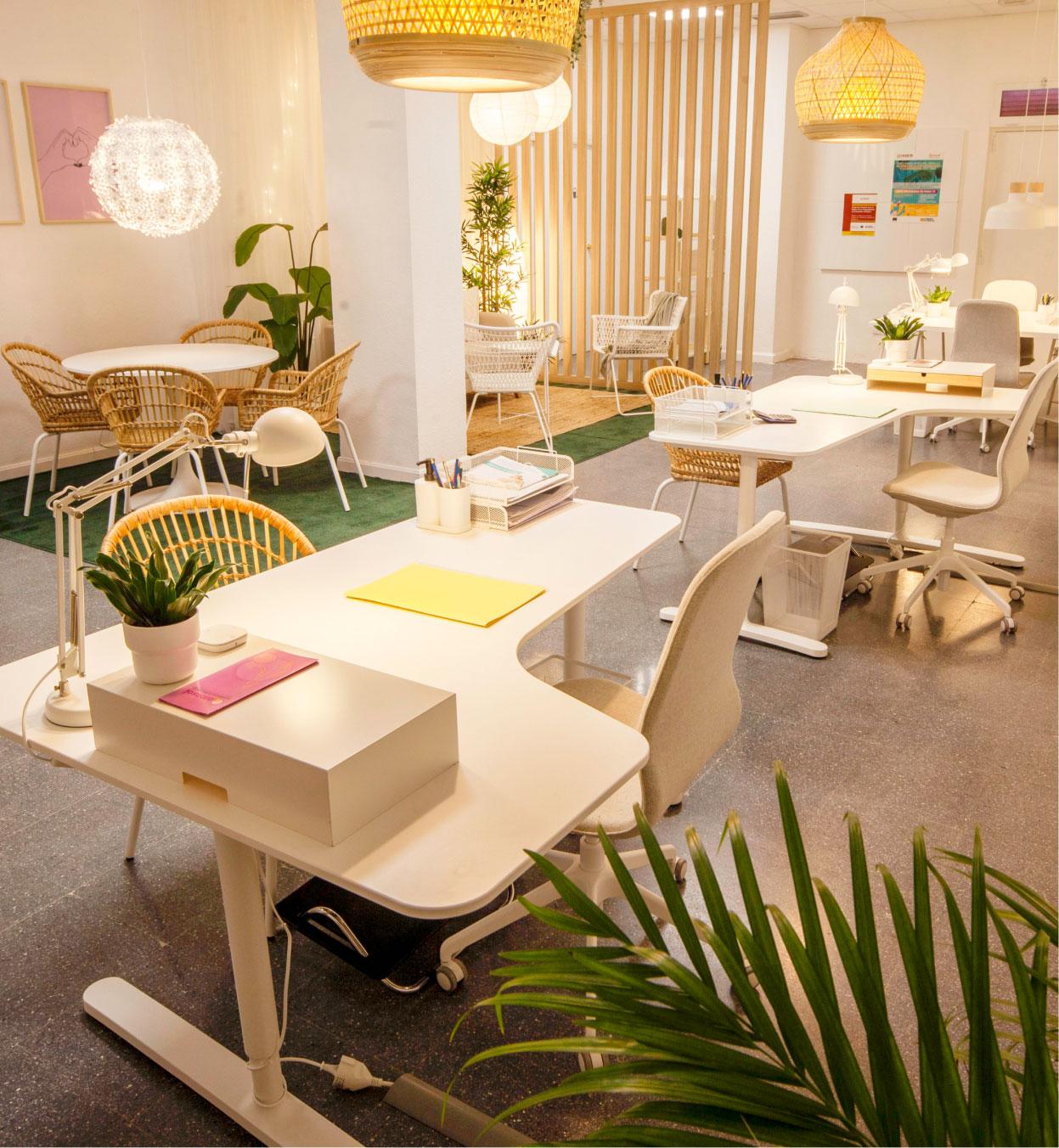 Espai d’oficina lluminós amb escriptoris ajustables blancs, cadires clares i mobles de vímet, amb làmpades penjants de fusta i plantes verdes.