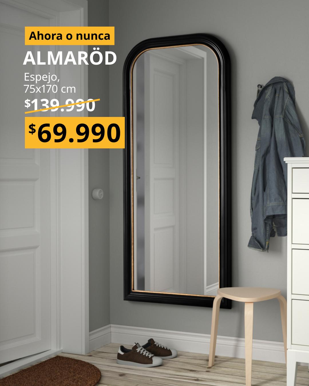 Espejo ALMARÖD de cuerpo completo con marco negro mate y detalle interior dorado, tamaño 75x170 cm.