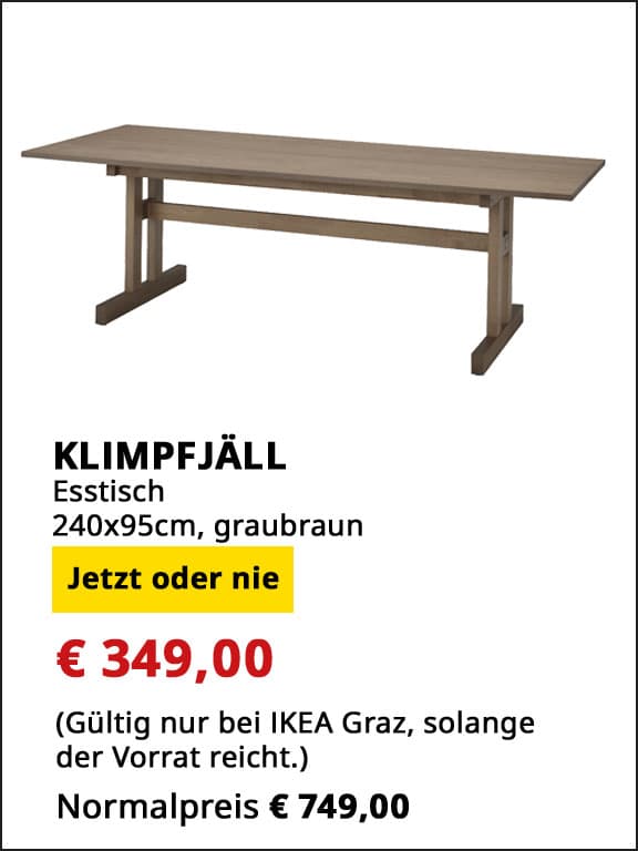 Esstisch Klimpfjäll, 240x95cm, graubraun, statt € 749 um € 349.
