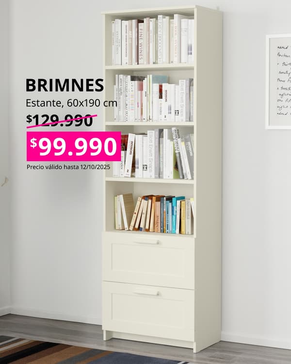 Estante blanco BRIMNES con precio en cuadrado fucsia
