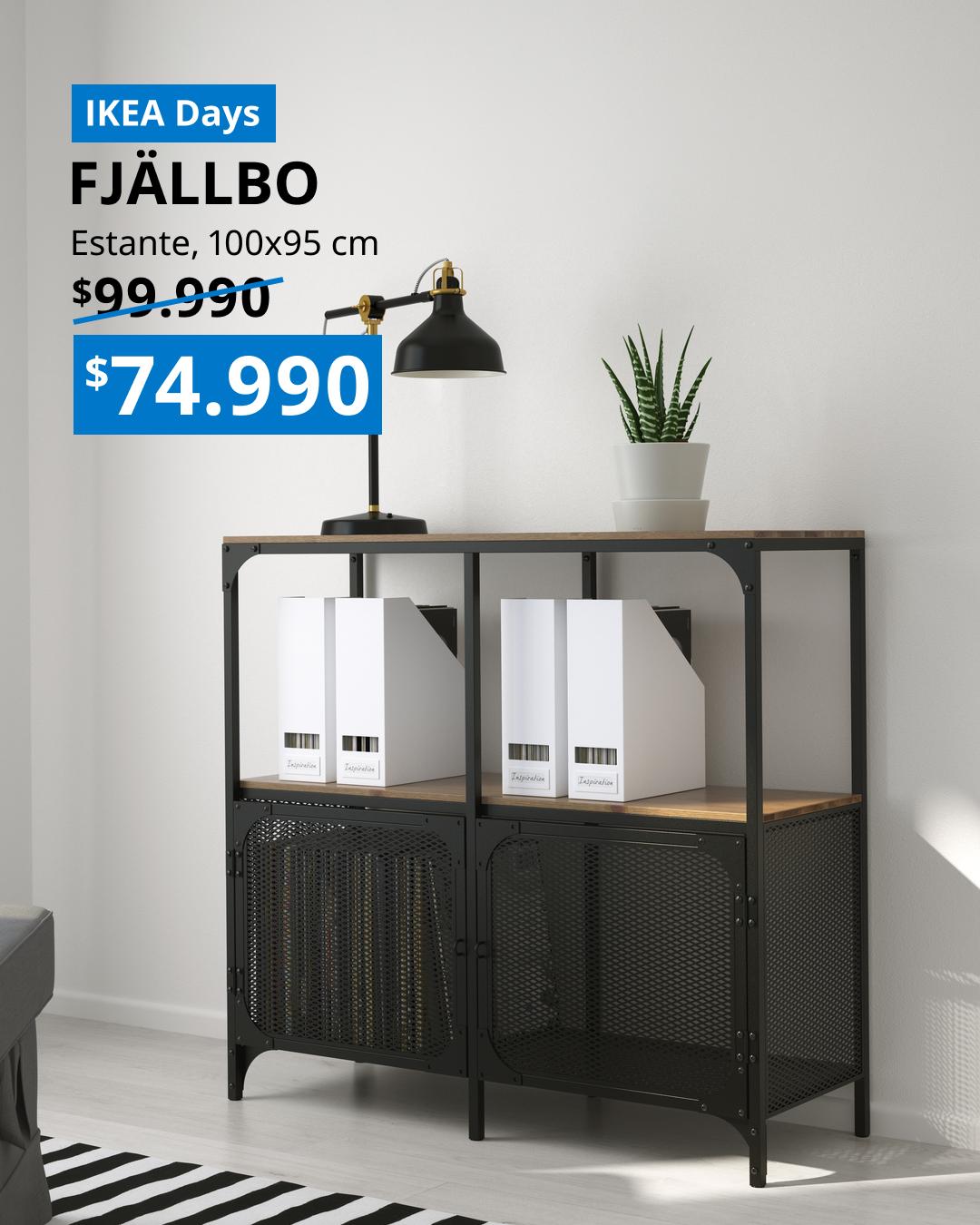 Estantería FJÄLLBO negra de 100x95 cm con estructura metálica y estilo industrial para almacenamiento y exhibición.