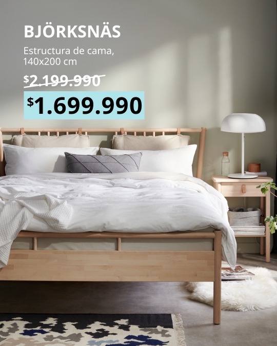 Estructura de cama BJÖRKSNÄS de 140x200 cm en madera de abedul y somier de láminas LURÖY.