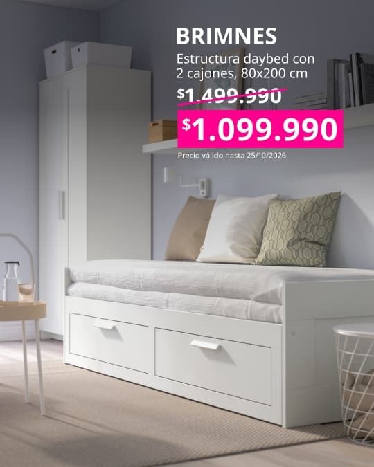 Estructura de cama diván BRIMNES blanca de 80x200 cm con dos cajones integrados para almacenamiento.