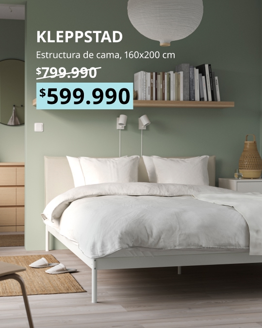 Estructura de cama KLEPPSTAD de 160x200 cm en color blanco, combinada con una base en tela Vissle beige.