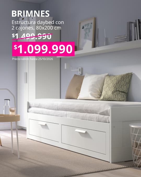 Estructura de cama nido BRIMNES blanca de 80x200 cm con 2 cajones integrados para almacenamiento.