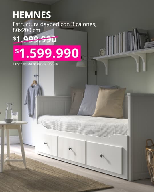 Estructura de cama nido HEMNES blanca de 80x200 cm con 3 cajones integrados para almacenamiento.