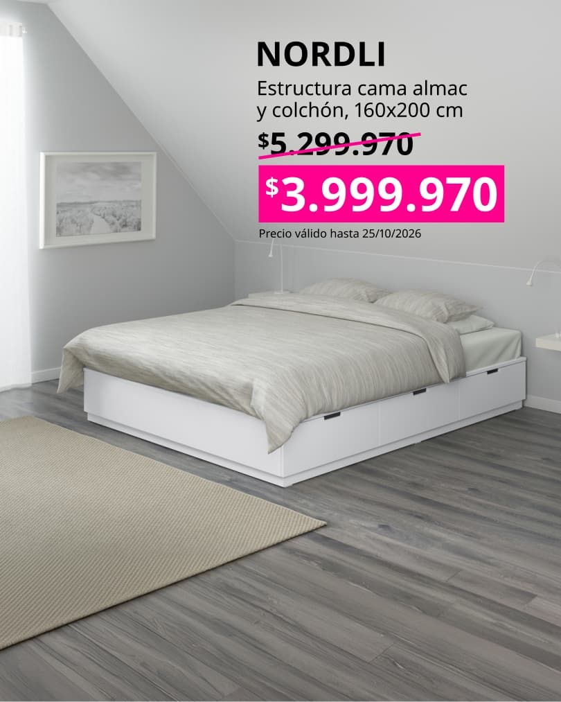 Estructura de cama NORDLI 160x200 en color blanco con almacenamiento integrado, ideal para optimizar el espacio del dormitorio.