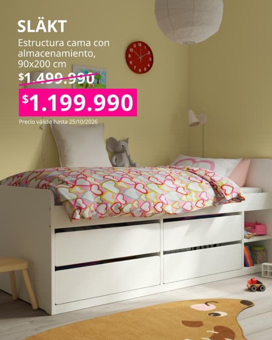 Estructura de cama SLÄKT blanca de 90x200 cm con almacenamiento integrado para optimizar el espacio.