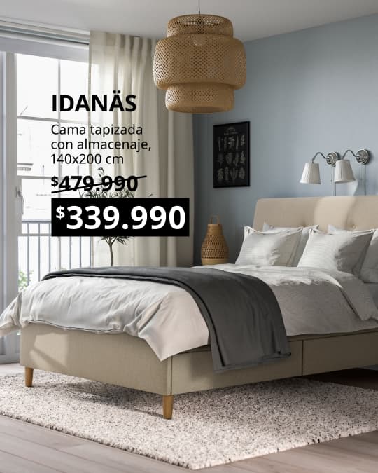 Estructura de cama tapizada IDANAS color beige con ropa de cama beige.