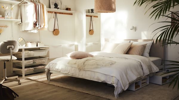 Estrutura de cama com arrumação, 140x200x223cm, branco