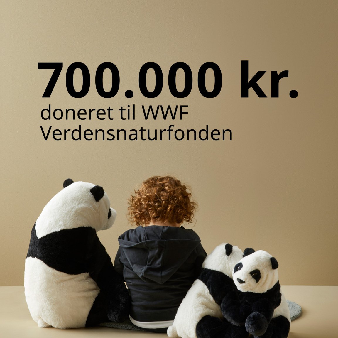 Et barn sidder med ryggen til imellem to panda tøjdyr foran en brun væg over barnet står med sort skrift 70.000 kroner doneret til WWF Verdensnaturfonden.