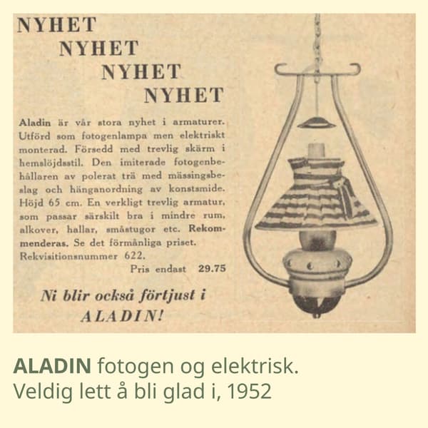 Et bilde av en gammel katalog artikkel om et produkt ved navn ALADIn, forogen og elektrisk, veldig lett å  bli glad i, 1952.