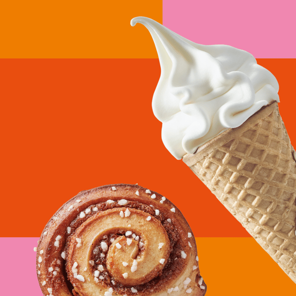 Et billede af en softice og en kanelsnegl på en orange og pink baggrund