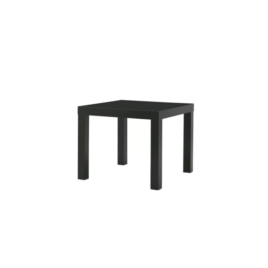 Ett litet svart sidobord med fyrkantig topp och raka ben.



