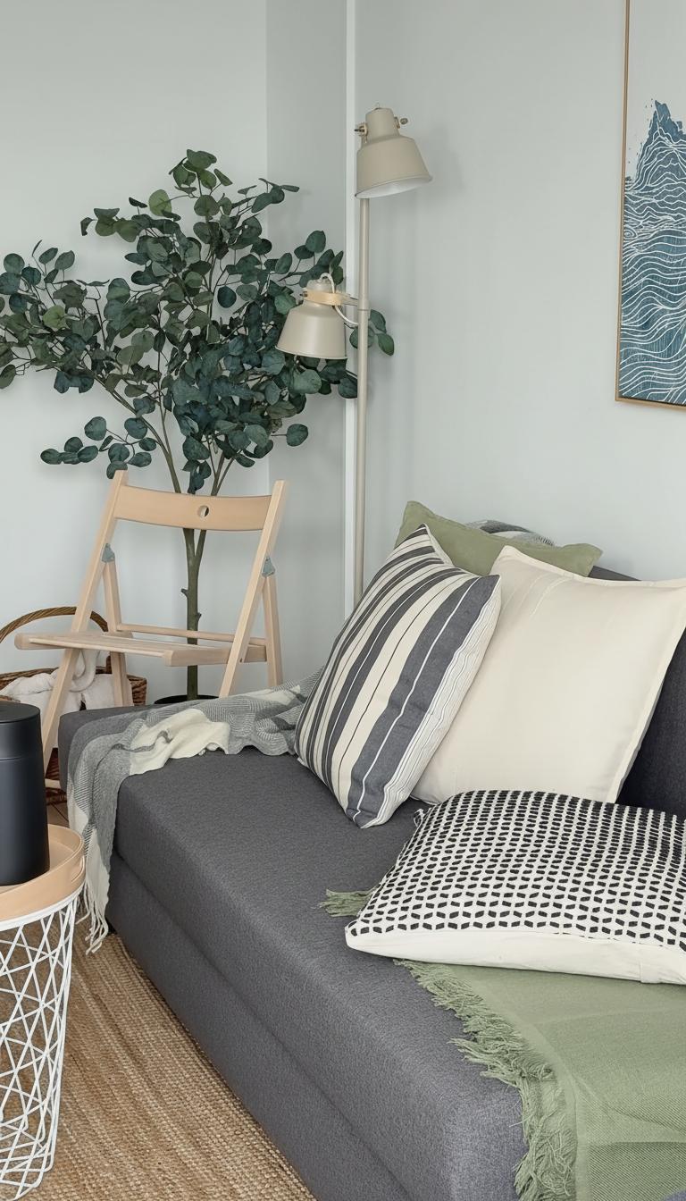 Ett ljust vardagsrumshörn med en grå dagbädd dekorerad med kuddar och filtar. Bakom soffan står en grön växt, en trästol och en golvlampa, vilket skapar en avkopplande och modern atmosfär.