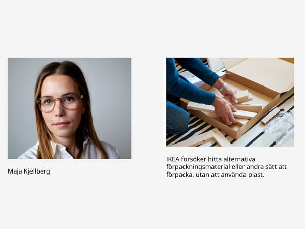Ett porträtt på en kvinna i vit blus och en person som packar upp en produkt ur en papperskartong.