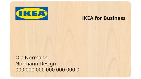 Example of an IKEA for Business payment card with a wood grain design, the IKEA logo and an example name and number