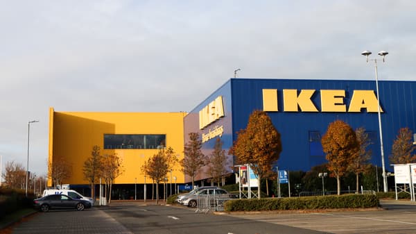 Exterior of IKEA Ballymun, showing the IKEA logo on blue facade